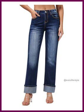 High Waisted Straight Leg Boyfriend Jeans Stretch Cuff Hem